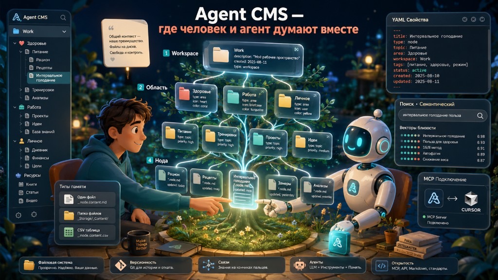 Agent CMS — архитектурное видение: workspace, области, темы, слоты, записи и хранилище